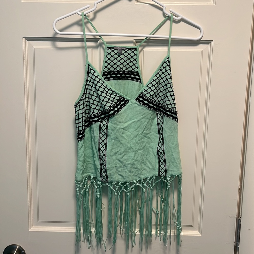 Seafoam Green and Black Crochet Fringe Tank Top